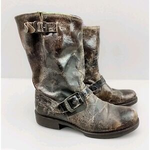 Frye Engineer Veronica Boots Womens 7.5 Brown Distressed Leather Moto Mid Calf